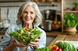 A woman is holding a salad bowl in a kitchen