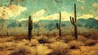 Landscape of the desert with Saguaro cacti. Photo in retro style.