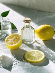 Wall Mural - A bottle of lemon juice sits on a table with two lemons and a jar of salt