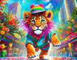 Little Lion Boy Wandering Through Vivid Colored City