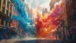 Vibrant Powder Explosion Transforms Bustling City Street into Whimsical Wonderland of Color and Joy