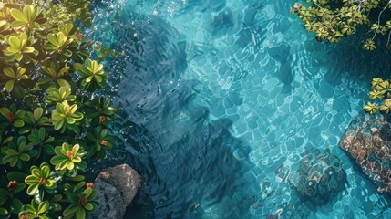 Poster - A body of water with a rock in the foreground and a lush green background