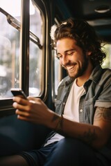 Wall Mural - A man is sitting on a train and smiling while looking at his cell phone. He is enjoying himself and is not paying attention to his surroundings