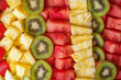 Background with fruit slices: kiwi, watermelon, strawberry, pineapple