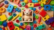 © pinkrabbit - Baby kids toys frame on background, Toy many colorful educational wooden. play, Top view, executive function, kid, skill, education, intelligence quotient, emotional quotient, childhood, development