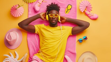 Wall Mural - Stunned dark skinned Afro American man in yellow t shirt and shorts lies on pink towel surrounded by sea accessories listens music headphones. Holiday, recreation, relax, Summer vibes. .