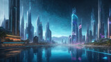 Fototapeta Nowy Jork - Painting in blue tones of a futuristic fantasy city.