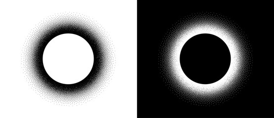 Halftone round as icon or background. Abstract vector circle frame with dots as logo or sun concept. Black shape on a white background and the same white shape on the black side.