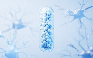 Poster - Medical capsule and biology nerve cell background, 3d rendering.