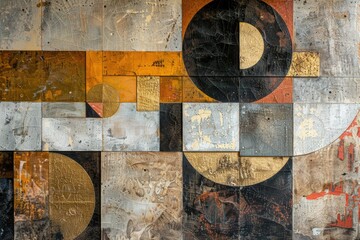Poster - This mural showcases an abstract geometric design with bold colors and textured surfaces, evoking different feelings