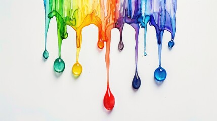Poster - Colorful watercolor paint drops create a fresh and artistic drippy effect on a pure white background
