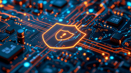 Poster - A computer chip with a glowing red shield on it