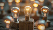 A collection of incandescent bulbs radiate a warm, enchanting light, standing tall on weathered wooden planks