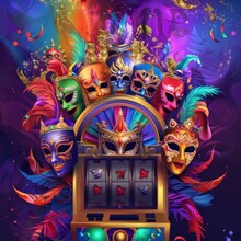 Colorful Carnival Masks And Coins On A Slot Machine Against A Dark Background