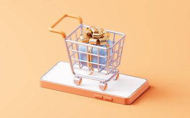 Wall Mural - Cartoon shopping cart on the cell phone, 3d rendering.