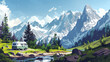 © Martinesku - Camper van with nature landscape background. Scenic forest panorama. Lake and mountain peaks scenery.