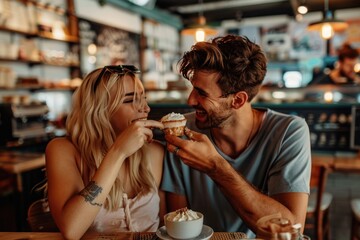 Girlfriend feeding bite of dessert to her boyfriend at cafe