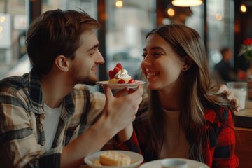 girlfriend feeding bite of dessert to her boyfriend at cafe