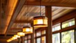 Lamps on row on the wooden ceiling.illuminate is throw the light upon in the reception hall room.