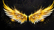 Yellow Angel Wings Sparkling on Black Background, Glowing Golden Wings Amidst Ebony Darkness, Shimmering Lemon Angelic Wings on Dark Canvas, Radiant Amber Feathers Illuminate Black Space.Generative AI