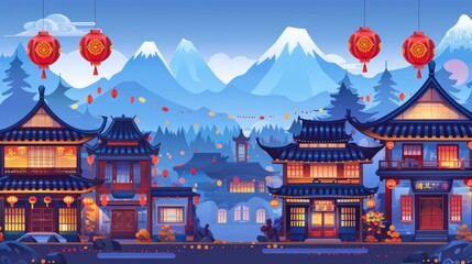 Wall Mural - Village with traditional houses, festival lanterns, and chinese, Japanese buildings. Modern cartoon landscape with Chinese, Japanese buildings and mountains.