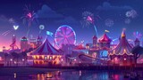 Fototapeta  - Carnival funfair, amusement park with carousel, roller coaster, and ferris wheel in night sky. Modern cartoon illustration.