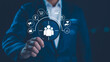 © Suriya - Target customer, buyer persona, customer behavior concept. Marketing plan and strategies. Personalization marketing, customer centric strategies. Businessman showing on screen to target customer.