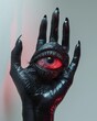 Eyeballadorned demon hand, against white, Magazine photo aesthetic, low angle, vivid