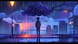 Depression, loneliness, mental problems cartoon modern illustration of a depressed man standing under a cloud with falling rain on an empty city street near a crossroad.