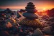 Stack of zen stones on the beach at sunset