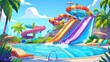 Modern cartoon illustration of resort aquapark on sea beach with colorful spiral pipe, kids waterslides, palms and loungers.