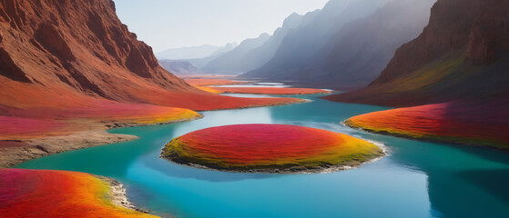 Poster - Photorealistic, surreal colorful landscape with barren mountains, river, lake, fields