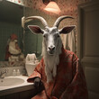 Portrait of a goat in a bathrobe, doing an evening routine, taking a bath. Fantasy, surrealism