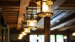 Lamps on row on the wooden ceiling.illuminate is throw the light upon in the reception hall room.