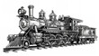 Victorian steam locomotive, steampunk flair, black and white scratch board style, AI engraving.