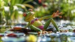 A frog in a bikini sunbathing on a lily pad in a pond, summer holiday concept