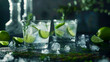Gin Tonic Cocktail, umgeben von verstreutenWacholder auf dem Tisch. Das Getränk befindet sich in einem eleganten Glas und hat eine satte Farbe.
