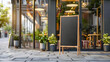 © shokokoart - Mockup von leeren schwarze Tafel vor einem Restaurant, Menütafeln in der Nähe des Eingangs zum Cafe auf der Straße.