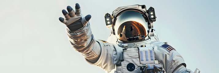 Wall Mural - An astronaut reaching out towards the viewer against a clear sky backdrop, symbolizing connection and exploration