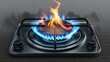 Blue flame gas burner with black steel grates. Kitchen stove with lit and unlit hobs. Modern realistic illustration of propane/butane burning in oven.