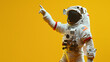An astronaut in full gear stands with arm extended, evoking themes of space exploration and discovery on a vibrant yellow background