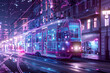 Futuristic wireframe trolley, city street angle, evening, soft glow of purple and blue, nostalgic yet modern, clear