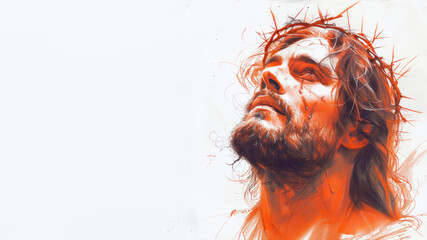 Canvas Print - Orange watercolor of A man with long hair and beard resembling Jesus Christ