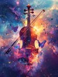Viola, bow drawing colorful nebulae from the strings, music notes fluttering as space butterflies, against a cosmic twilight, serene and vivid