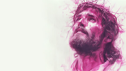 Poster - Pink watercolor of A man with long hair and beard resembling Jesus Christ