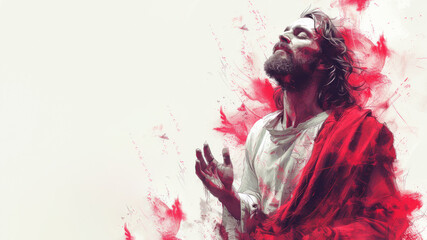 Red watercolor paint of Jesus is praying with his hands raised upwards
