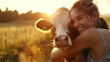 In the warmth of sunlight, a joyful young woman hugs her cow, a tender scene of veterinary health care in action