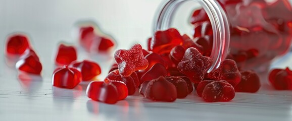 Gummy candies, red gummy candies in a plastic bottle , isolated on a white background, high resolution photography, realistic, stock photo, commercial photoshoot