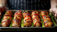 A Chef Presents A Tray Of Baked Hasselback Potatoes Wrapped In Bacon, Garnished With Herbs And Spices, Ready For Serving.