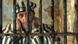 A forlorn prisoner wearing a checkered hat peers through the iron bars of a jail cell, his expression conveying a sense of hopelessness.